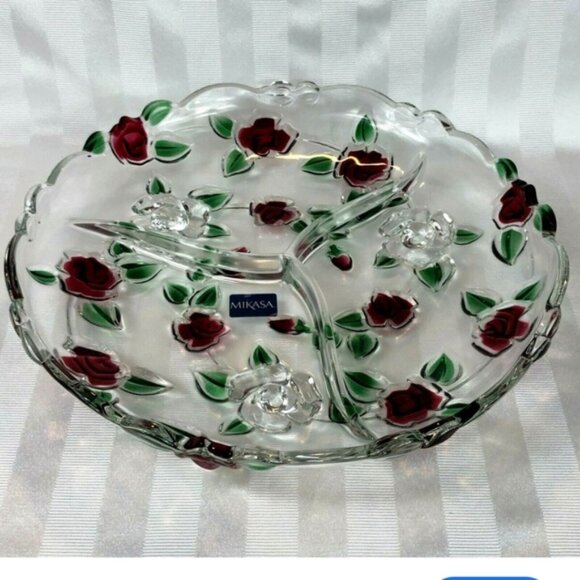 Vintage 13" MIKASA Glass Rose Garden 3 Section Divided Serving Platter - Picture 4 of 5